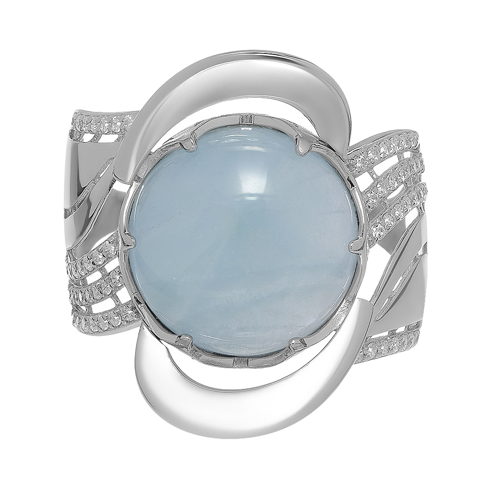 Серебряное кольцо 925 пробы; вставки 1 Аквамарин; 62 Фианит бесцв.;