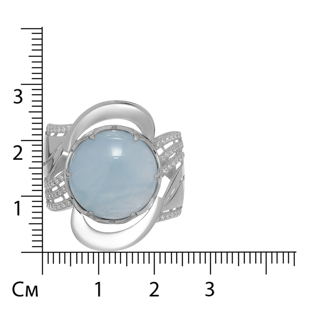 Серебряное кольцо 925 пробы; вставки 1 Аквамарин; 62 Фианит бесцв.;