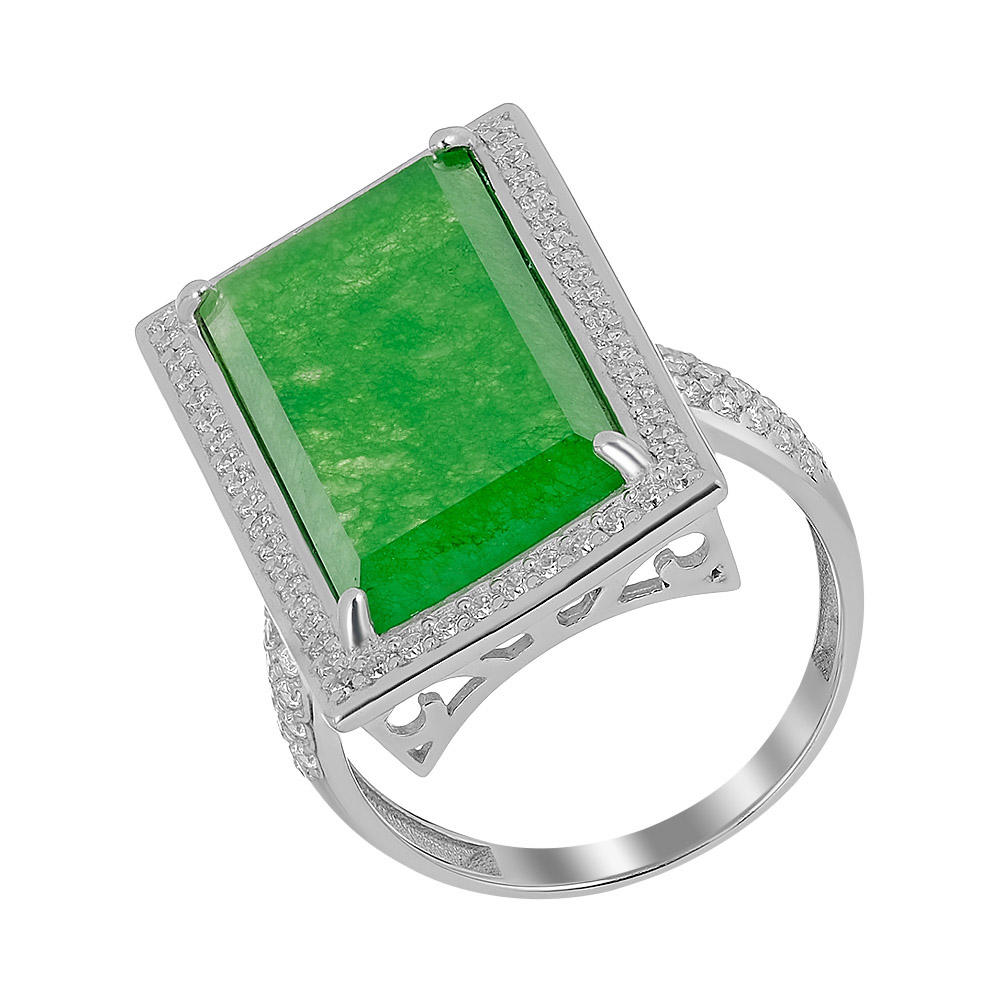 Серебряное кольцо 925 пробы; вставки 1 Жадеит; 88 Фианит бесцв.;