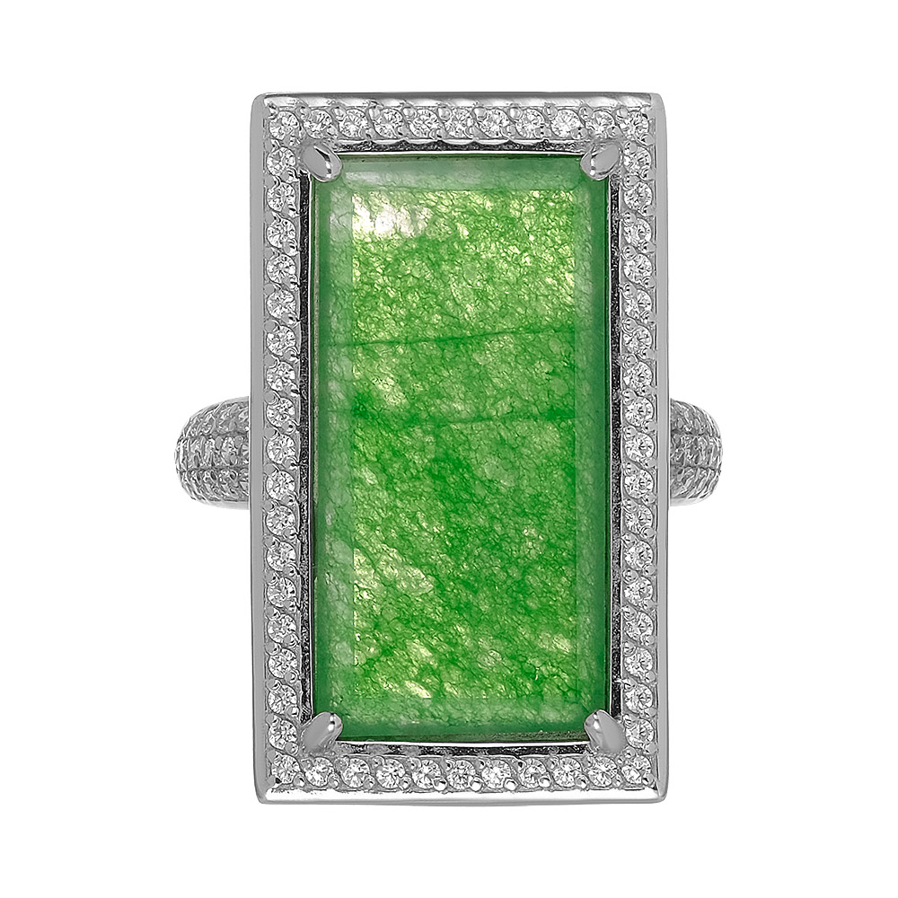 Серебряное кольцо 925 пробы; вставки 1 Жадеит; 88 Фианит бесцв.;