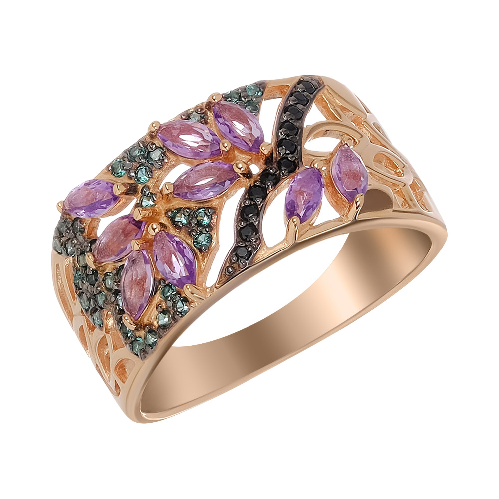Серебряное кольцо 925 пробы; вставки 9 Аметист; 11 Шпинель черн.; 32 Фианит зел.;