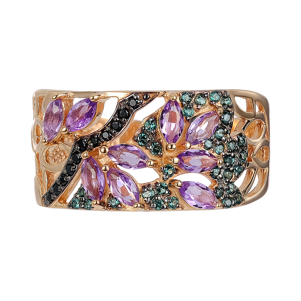 Серебряное кольцо 925 пробы; вставки 9 Аметист; 11 Шпинель черн.; 32 Фианит зел.;