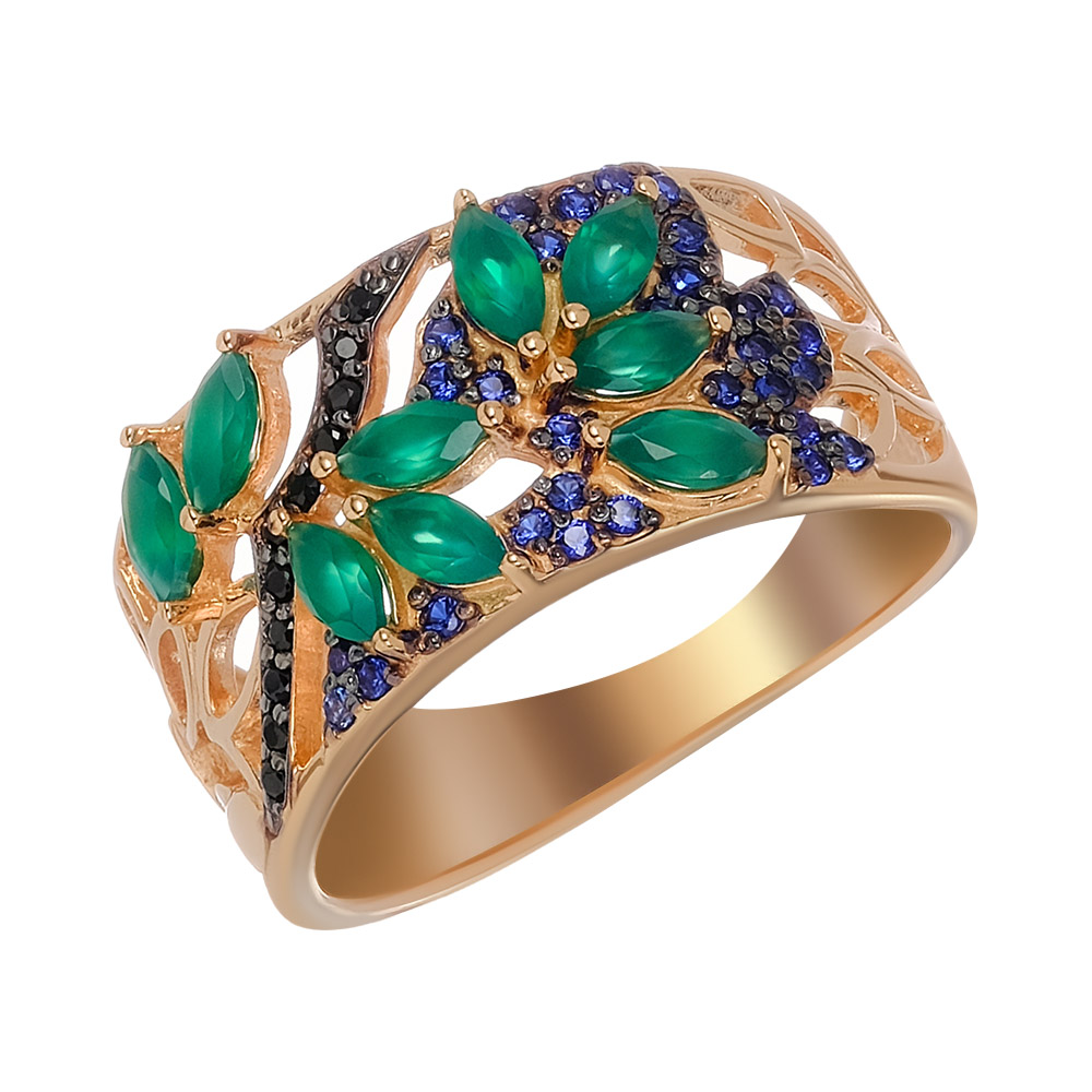 Серебряное кольцо 925 пробы; вставки 9 Агат зел.; 11 Шпинель черн.; 32 Фианит син.;