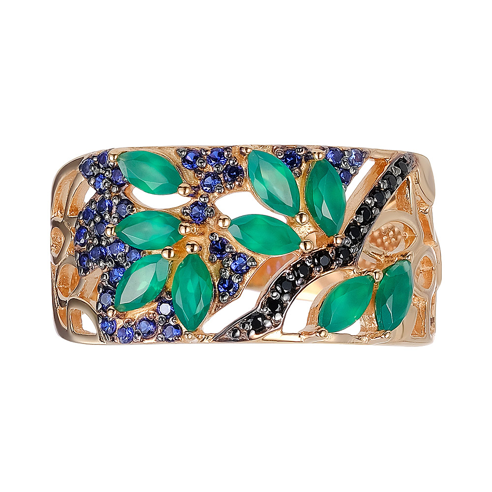 Серебряное кольцо 925 пробы; вставки 9 Агат зел.; 11 Шпинель черн.; 32 Фианит син.;