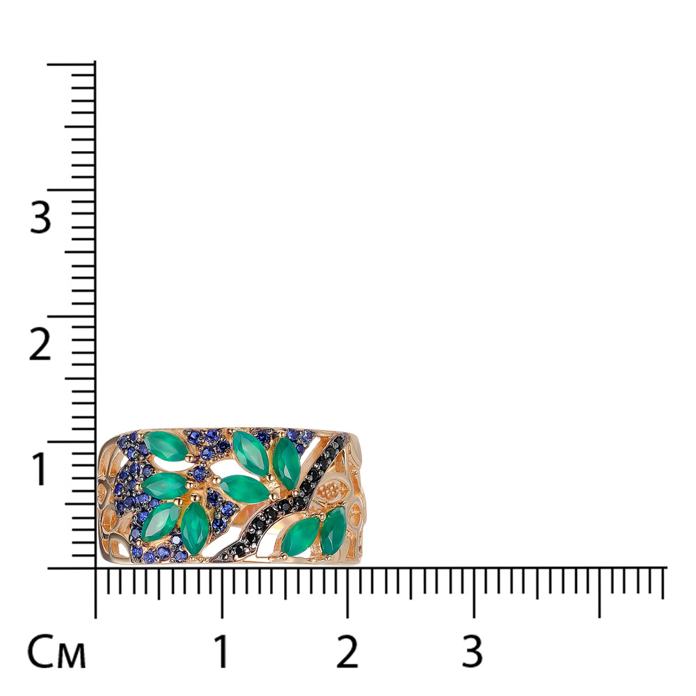 Серебряное кольцо 925 пробы; вставки 9 Агат зел.; 11 Шпинель черн.; 32 Фианит син.;
