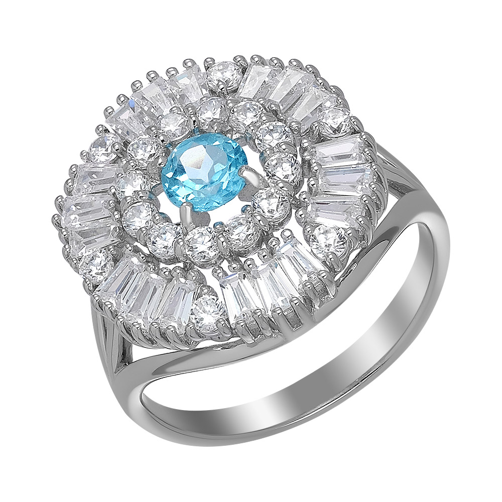 Серебряное кольцо 925 пробы; вставки 1 Апатит голубой; 36 Фианит бесцв.;