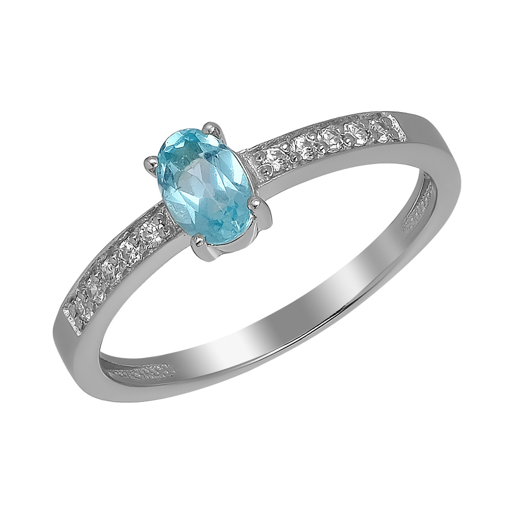 Серебряное кольцо 925 пробы; вставки 1 Апатит голубой; 10 Фианит бесцв.;