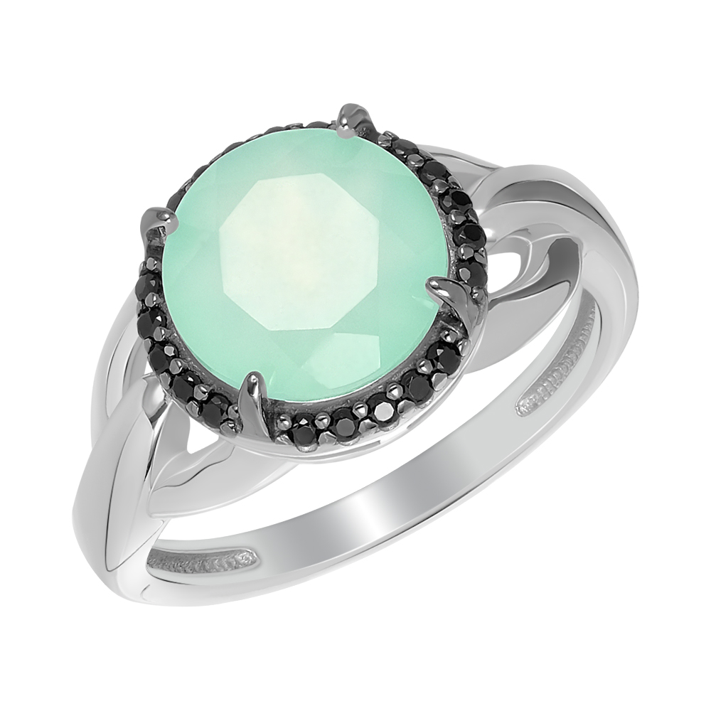 Серебряное кольцо 925 пробы; чернение; вставки 1 Агат голубой; 20 Шпинель черн.;