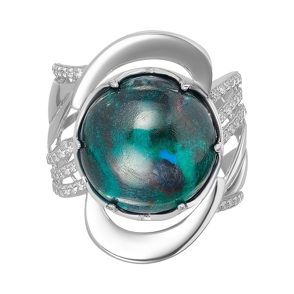 Серебряное кольцо 925 пробы; вставки 1 Хризоколла; 62 Фианит бесцв.;