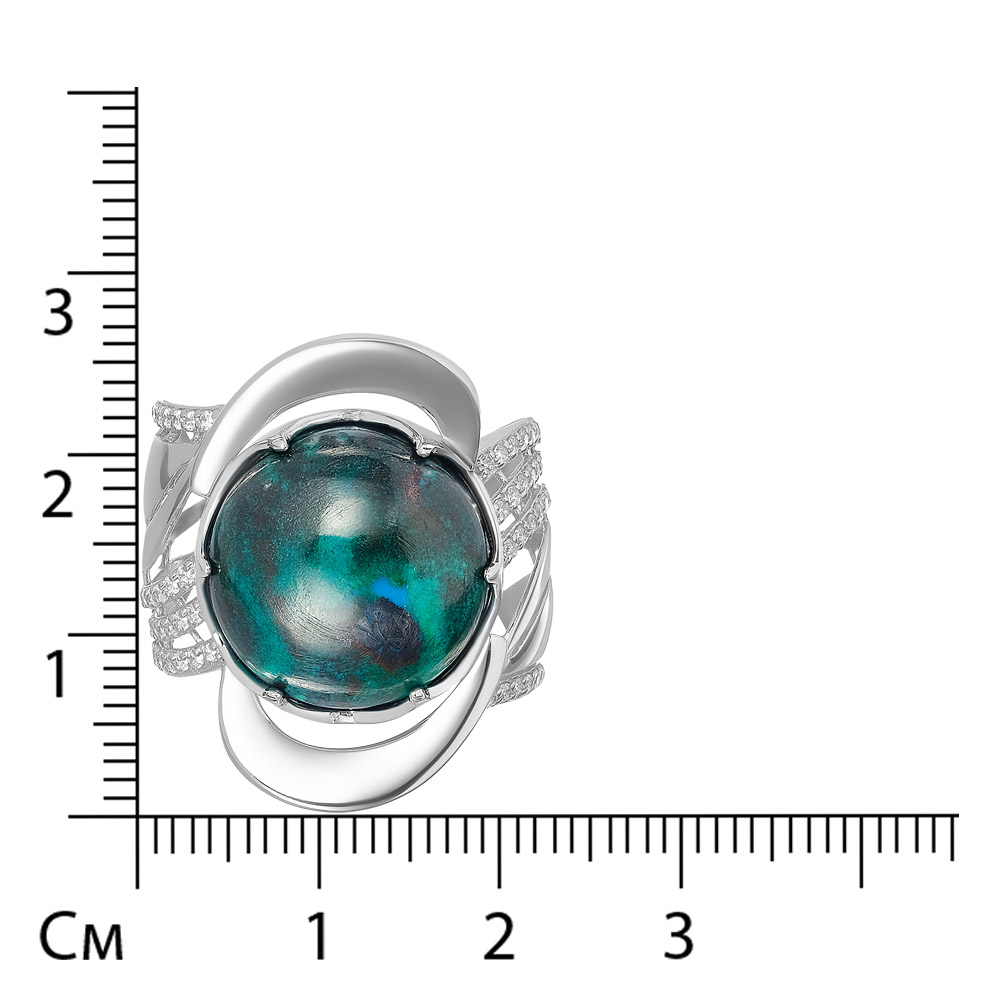 Серебряное кольцо 925 пробы; вставки 1 Хризоколла; 62 Фианит бесцв.;