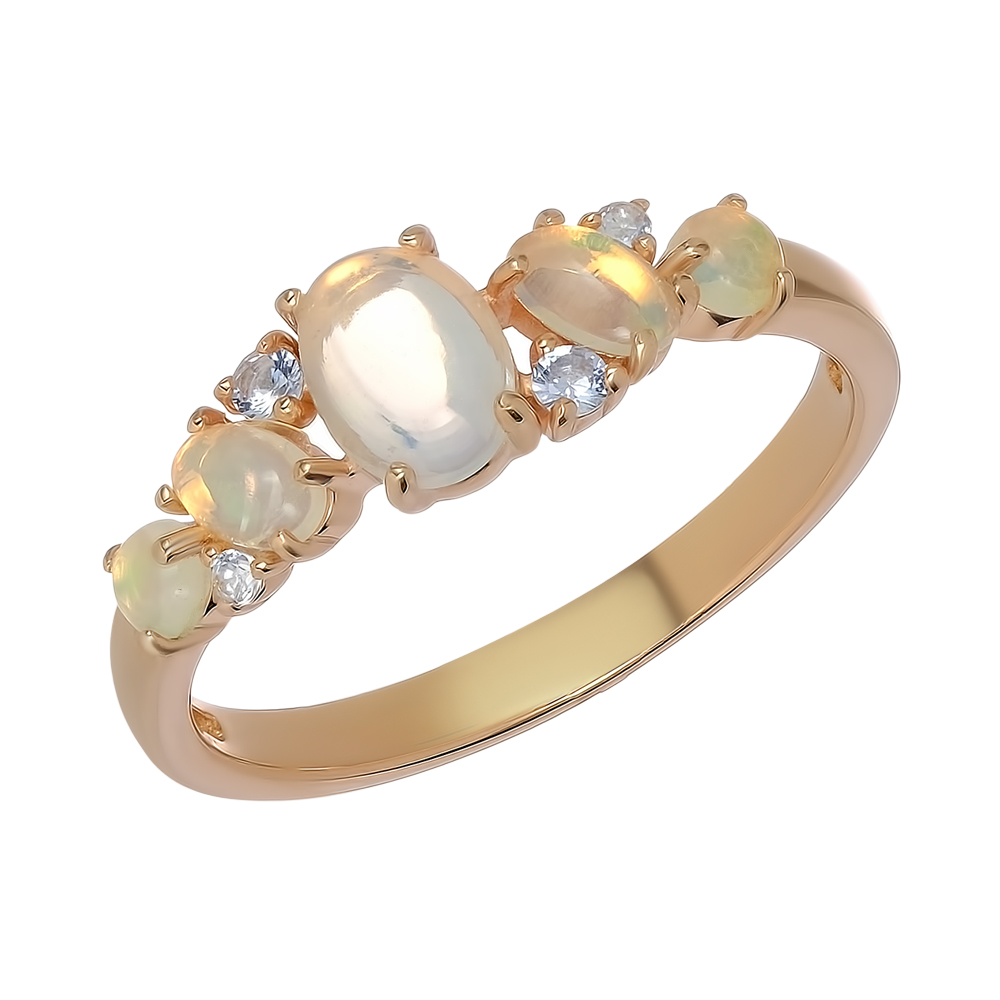Серебряное кольцо 925 пробы; вставки 5 Опал белый; 4 Фианит голубой;