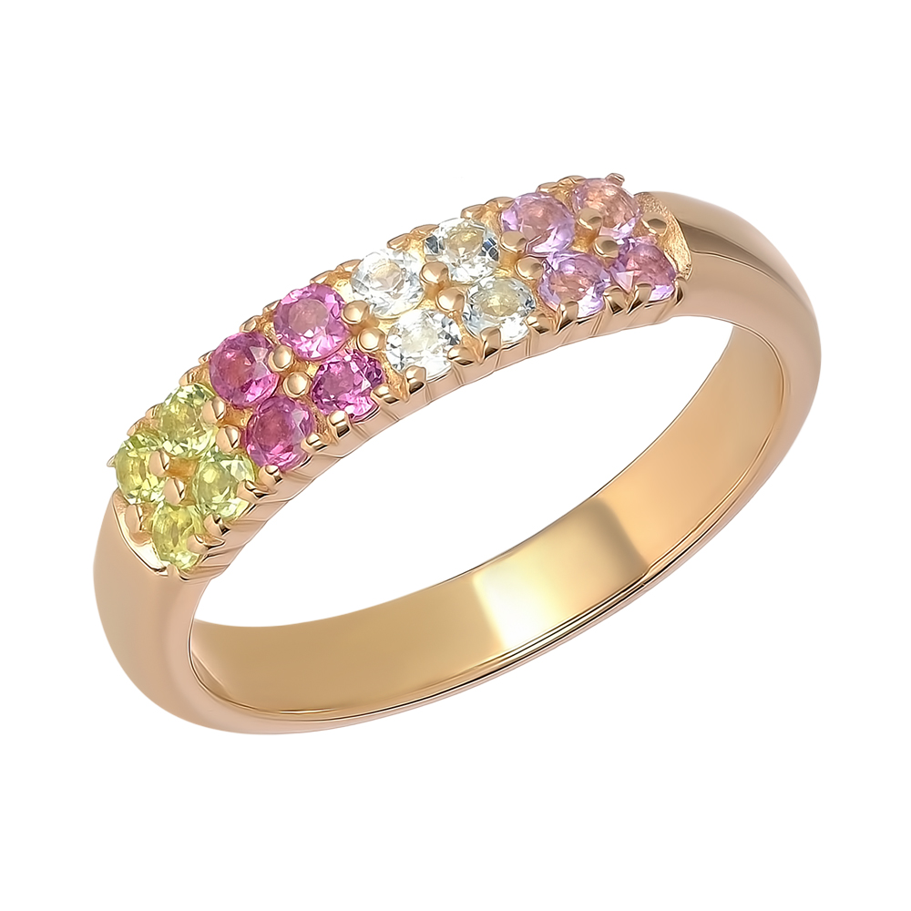 Серебряное кольцо 925 пробы; вставки 4 Аметист; 4 Родолит; 4 Топаз Sky Blue; 4 Хризолит;