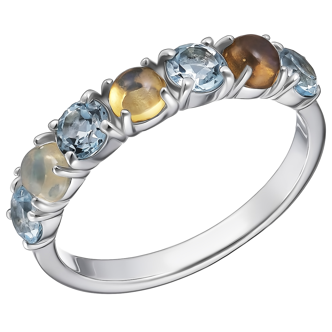 Серебряное кольцо 925 пробы; вставки 3 Опал белый; 4 Топаз Sky Blue;