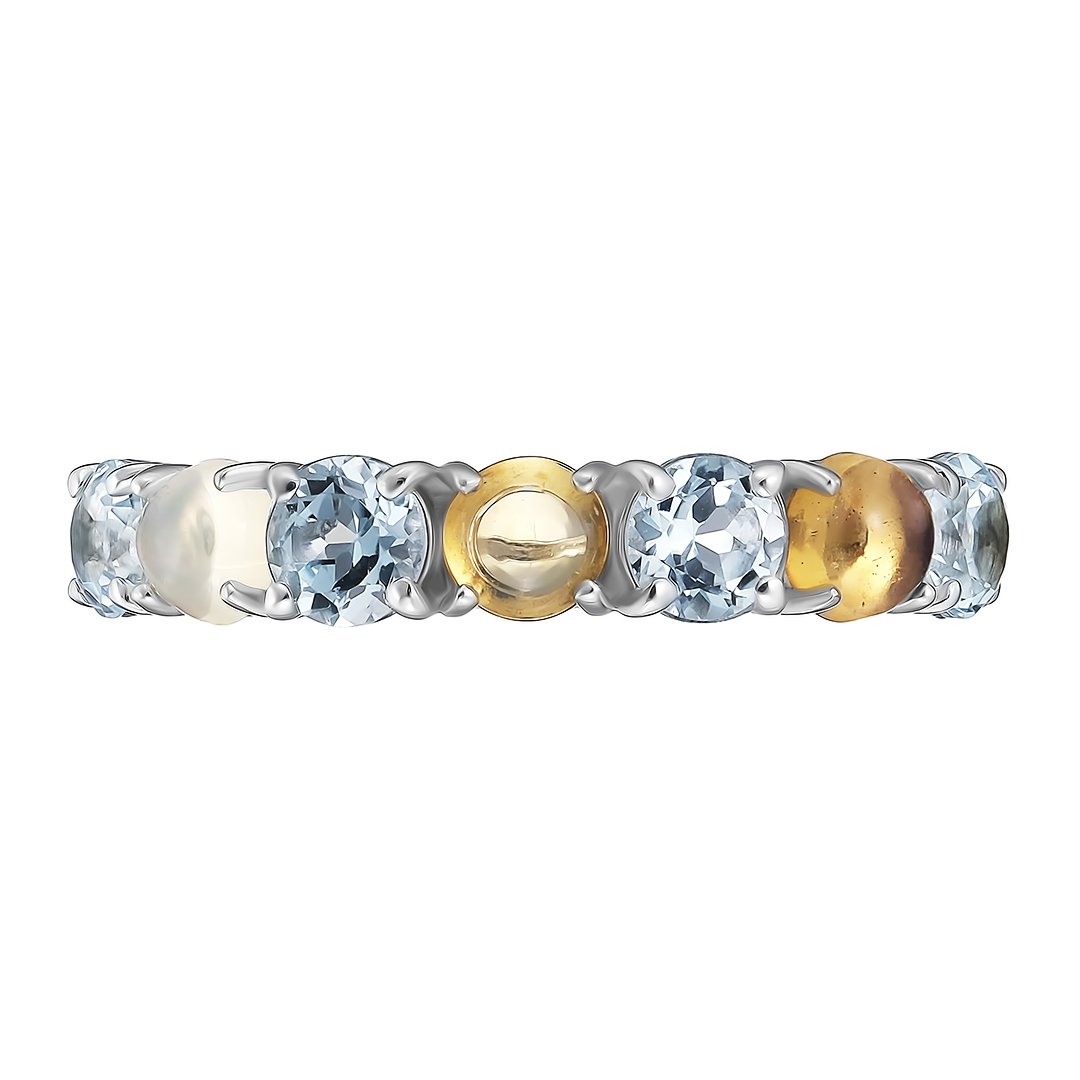 Серебряное кольцо 925 пробы; вставки 3 Опал белый; 4 Топаз Sky Blue;