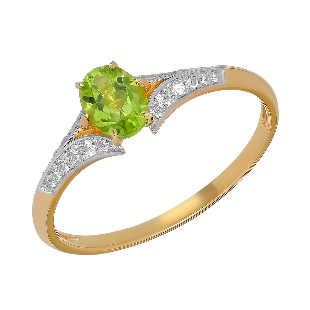 Серебряное кольцо 925 пробы; вставки 1 Хризолит; 24 Фианит бесцв.;
