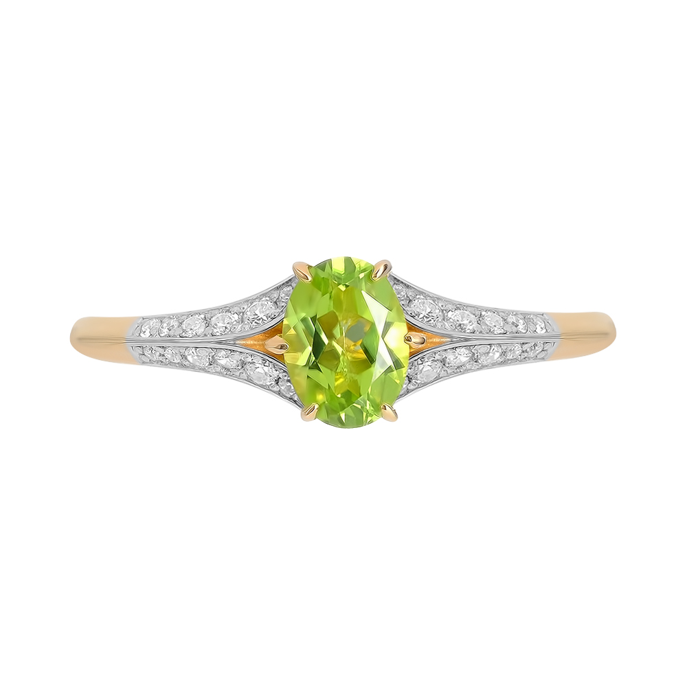Серебряное кольцо 925 пробы; вставки 1 Хризолит; 24 Фианит бесцв.;