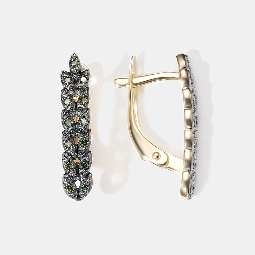 Серьги из желтого золота с зелеными бриллиантами