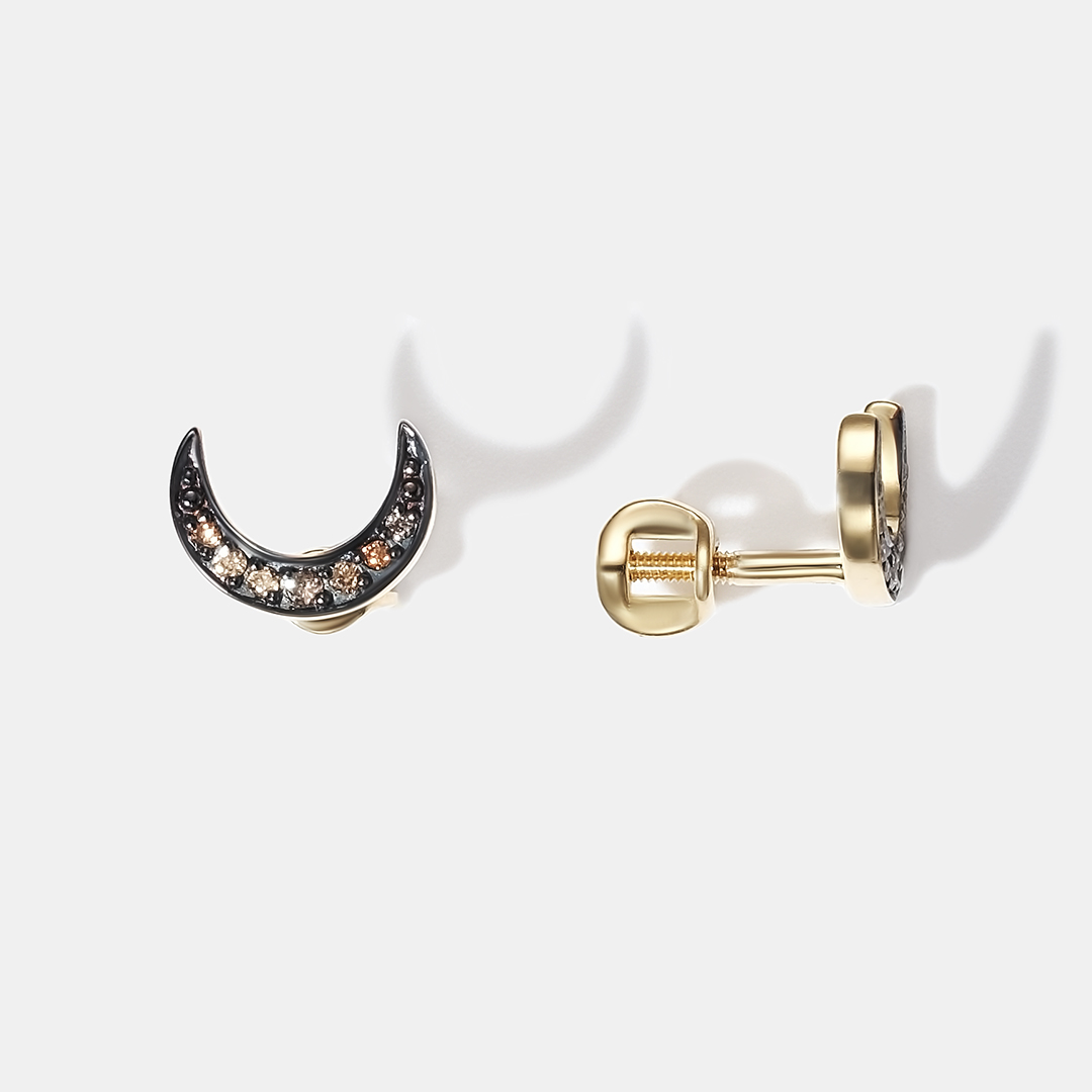 Серьги-пусеты из желтого золота с коньячными бриллиантами "Лунница"