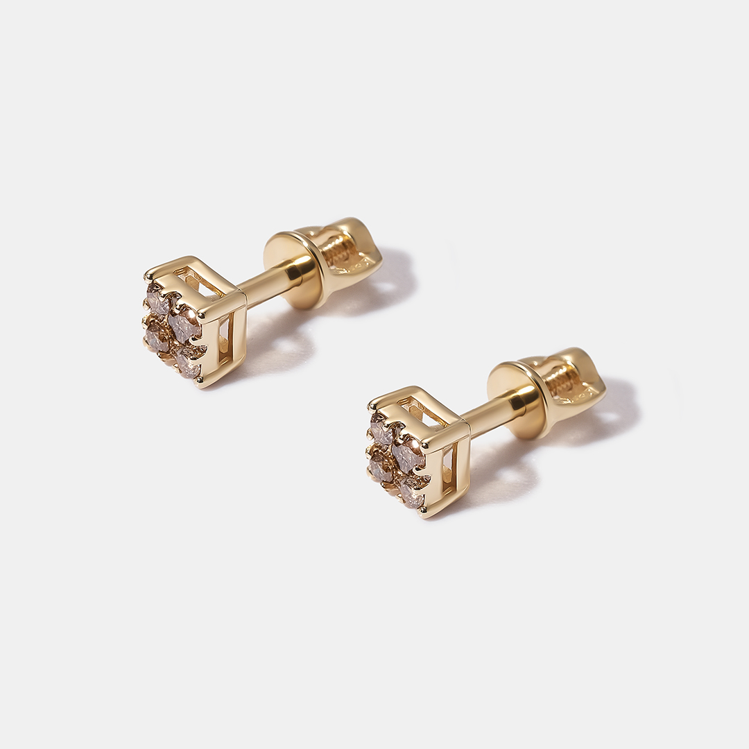 Серьги-пусеты из желтого золота с коньячными бриллиантами