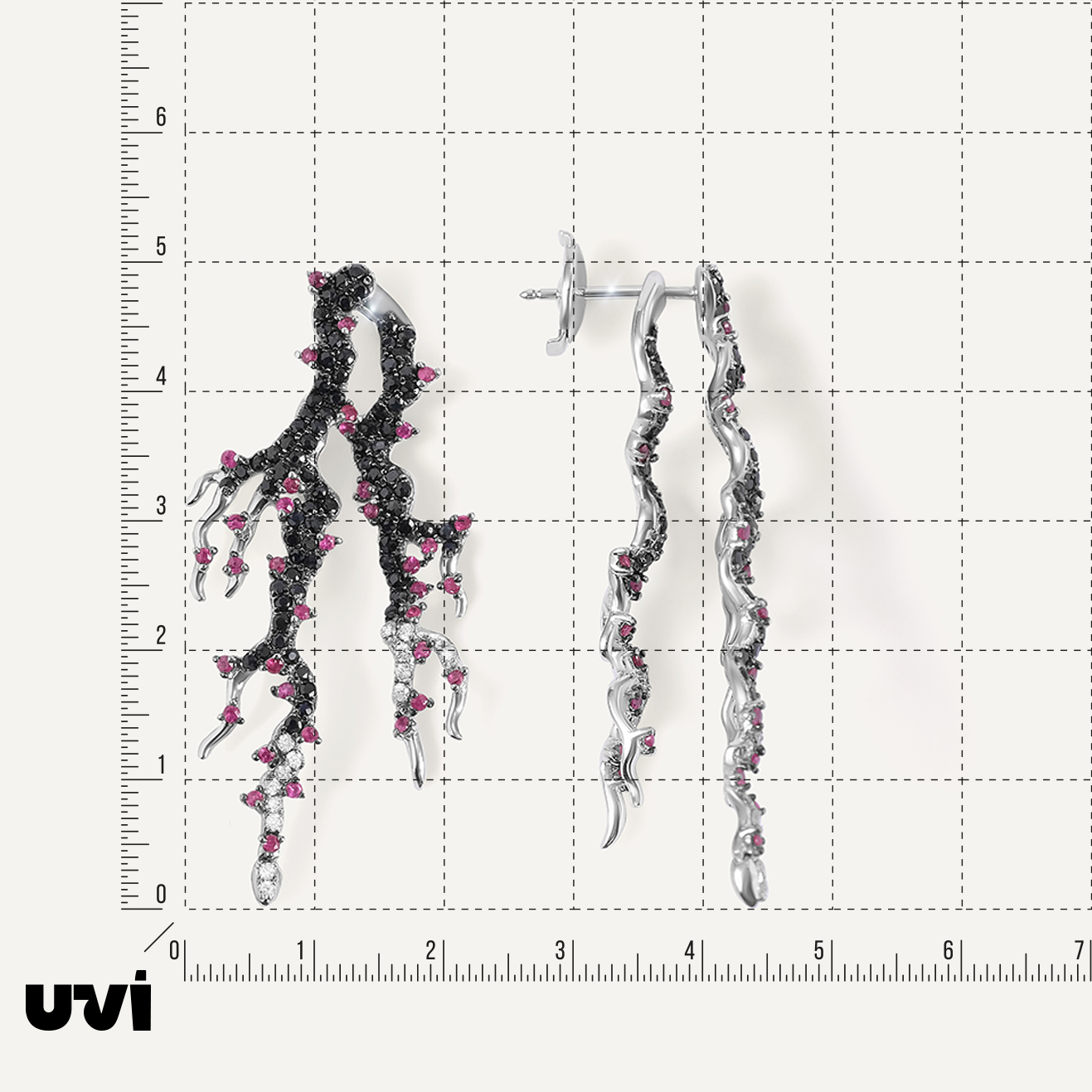 Серьги-пусеты из белого золота с бриллиантами, сапфирами и рубинами