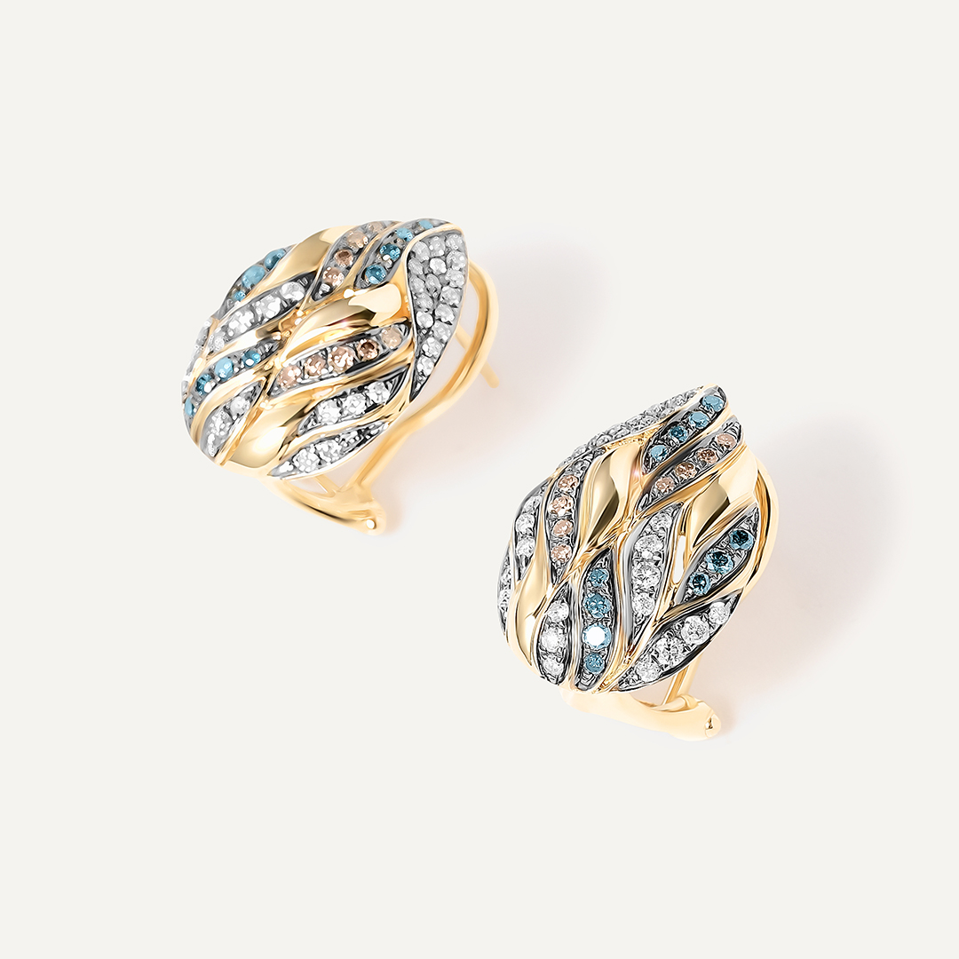 Серьги из желтого золота с разноцветными бриллиантами