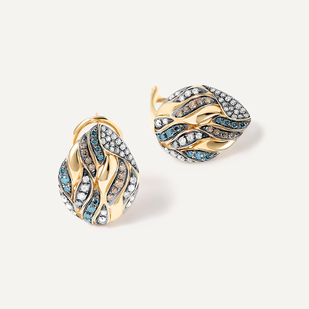 Серьги из желтого золота с разноцветными бриллиантами