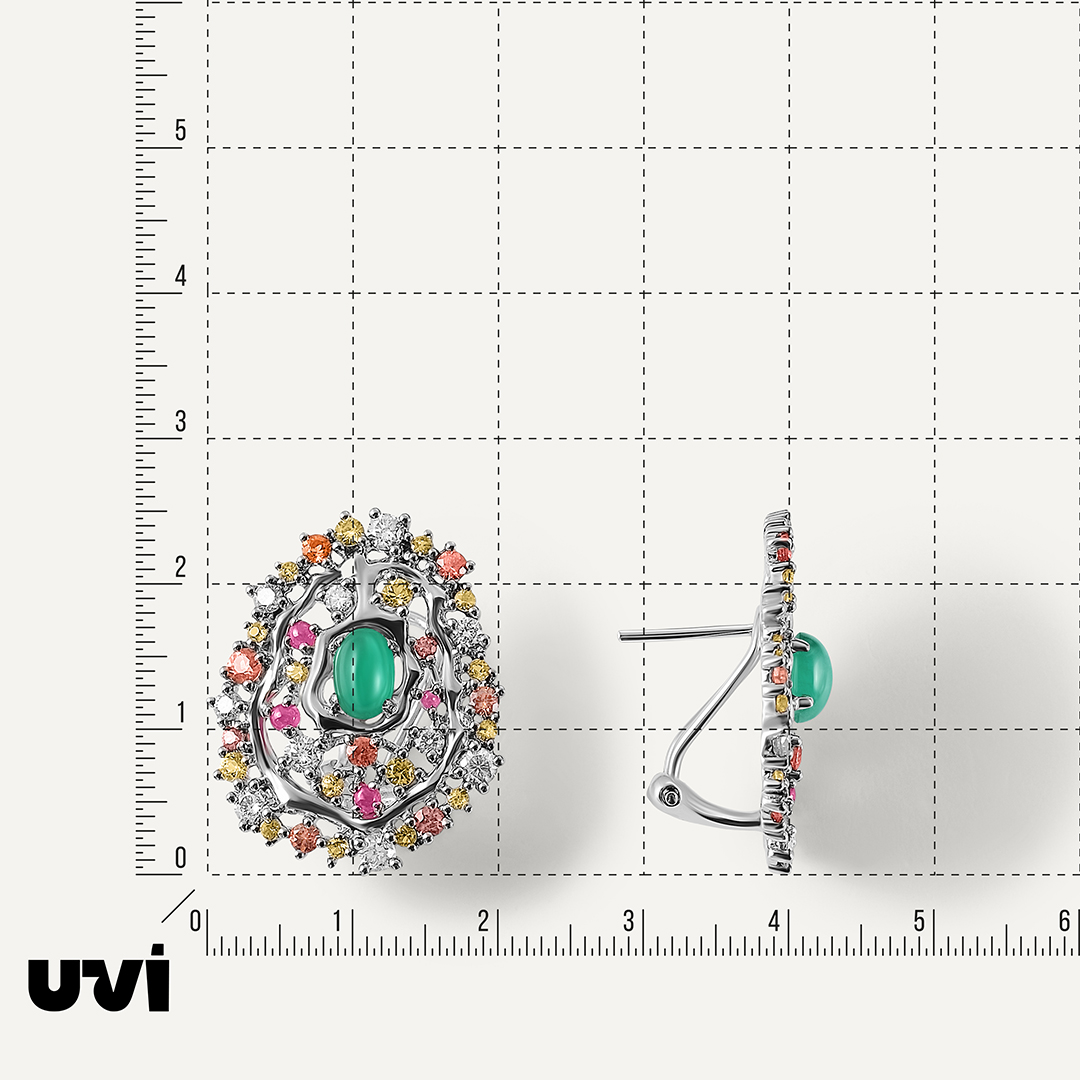 Серьги из белого золота с изумрудами, сапфирами и рубинами