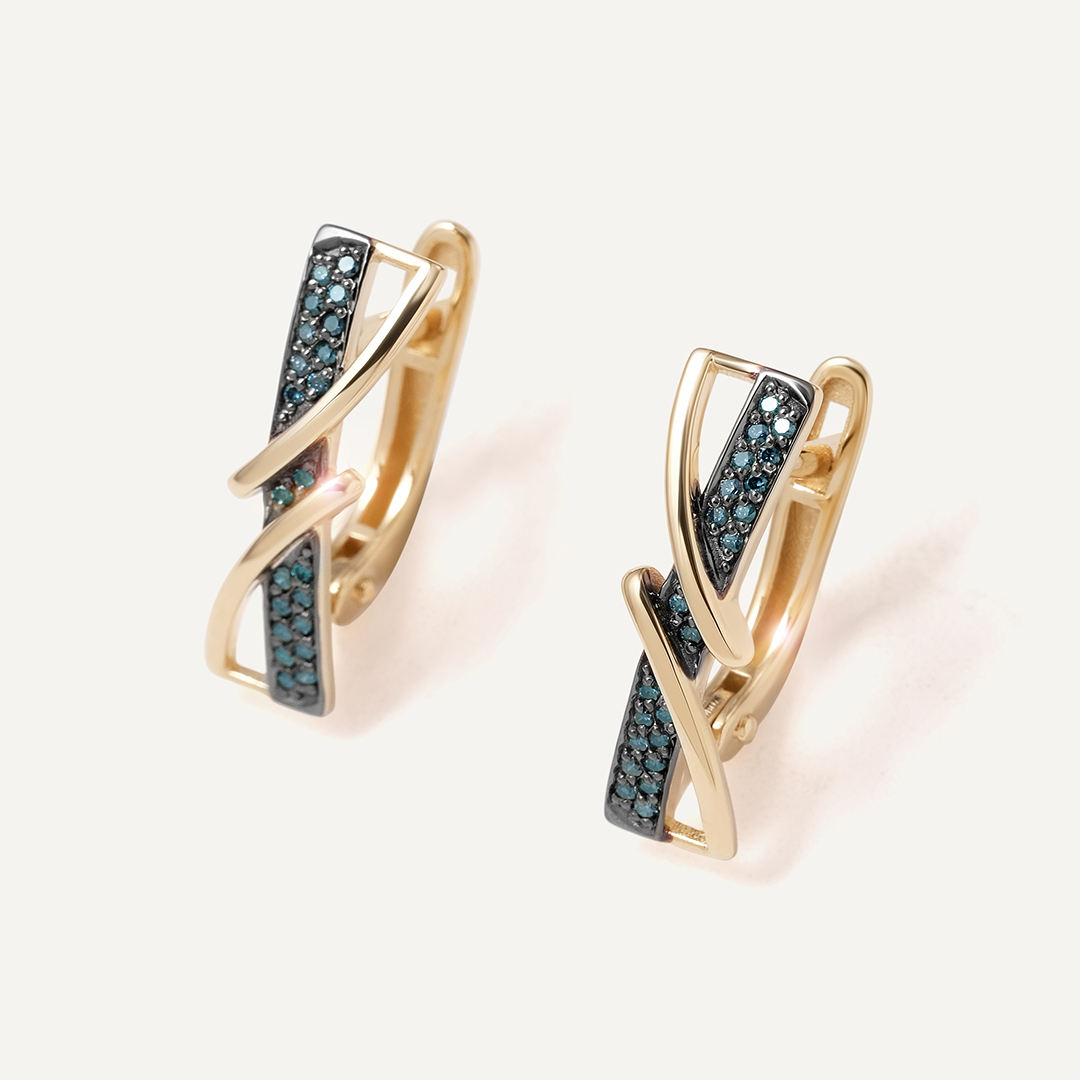 Серьги из желтого золота с голубыми бриллиантами