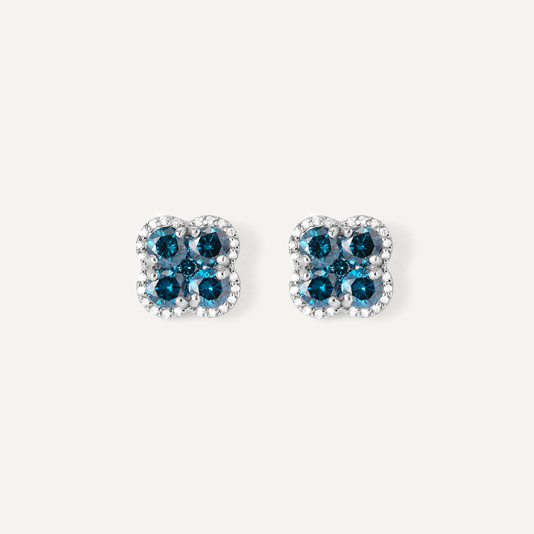 Серьги-пусеты из белого золота с голубыим бриллиантами "Клевер"