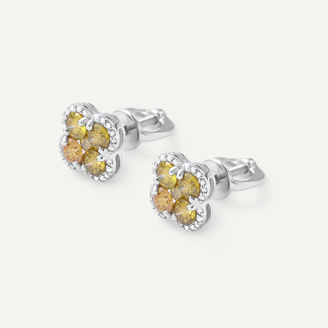 Серьги-пусеты из белого золота с желтыми бриллиантами "Клевер"