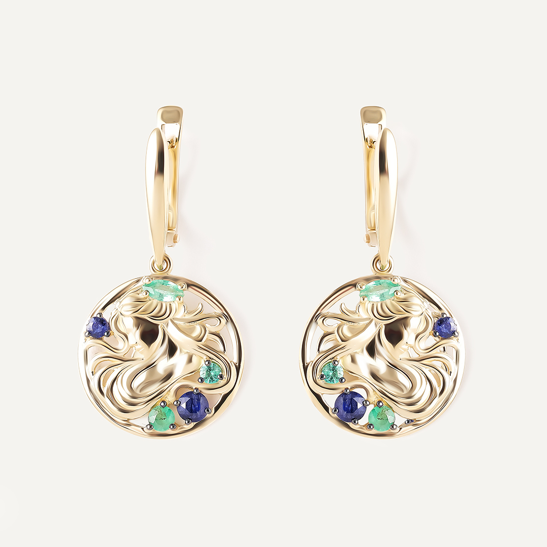 Серьги из желтого золота с изумрудами и сапфирами