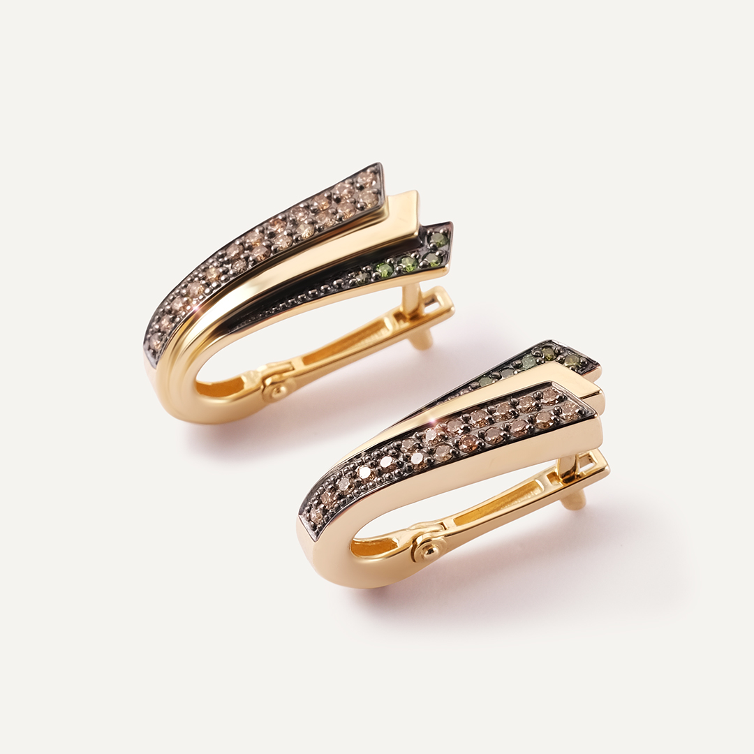 Серьги из желтого золота с цветными бриллиантами