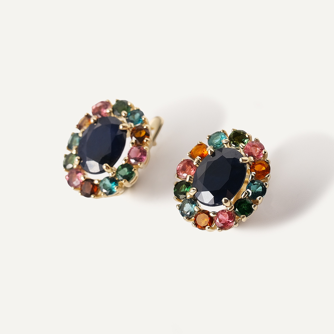 Серьги из желтого золота с сапфирами "Цветы"