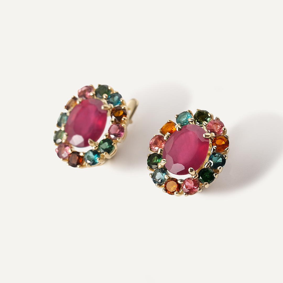 Серьги из желтого золота с рубинами "Цветы"