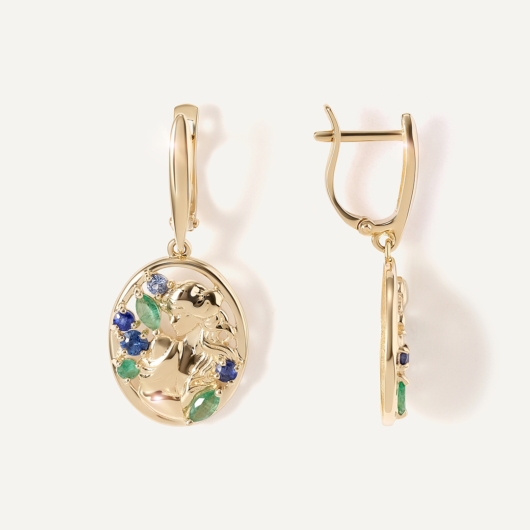 Серьги из желтого золота с изумрудами и сапфирами