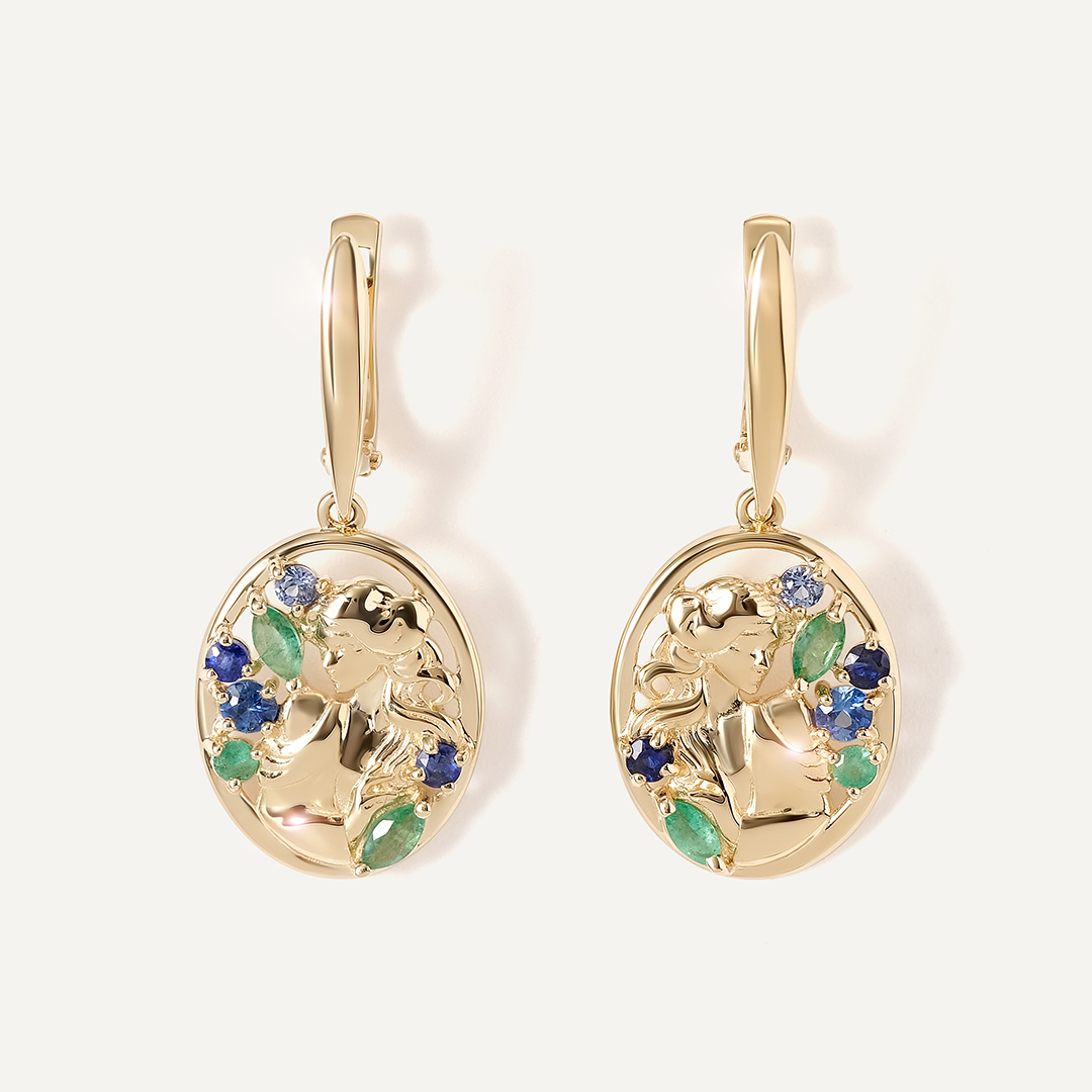 Серьги из желтого золота с изумрудами и сапфирами