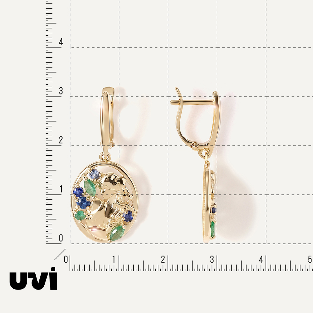 Серьги из желтого золота с изумрудами и сапфирами