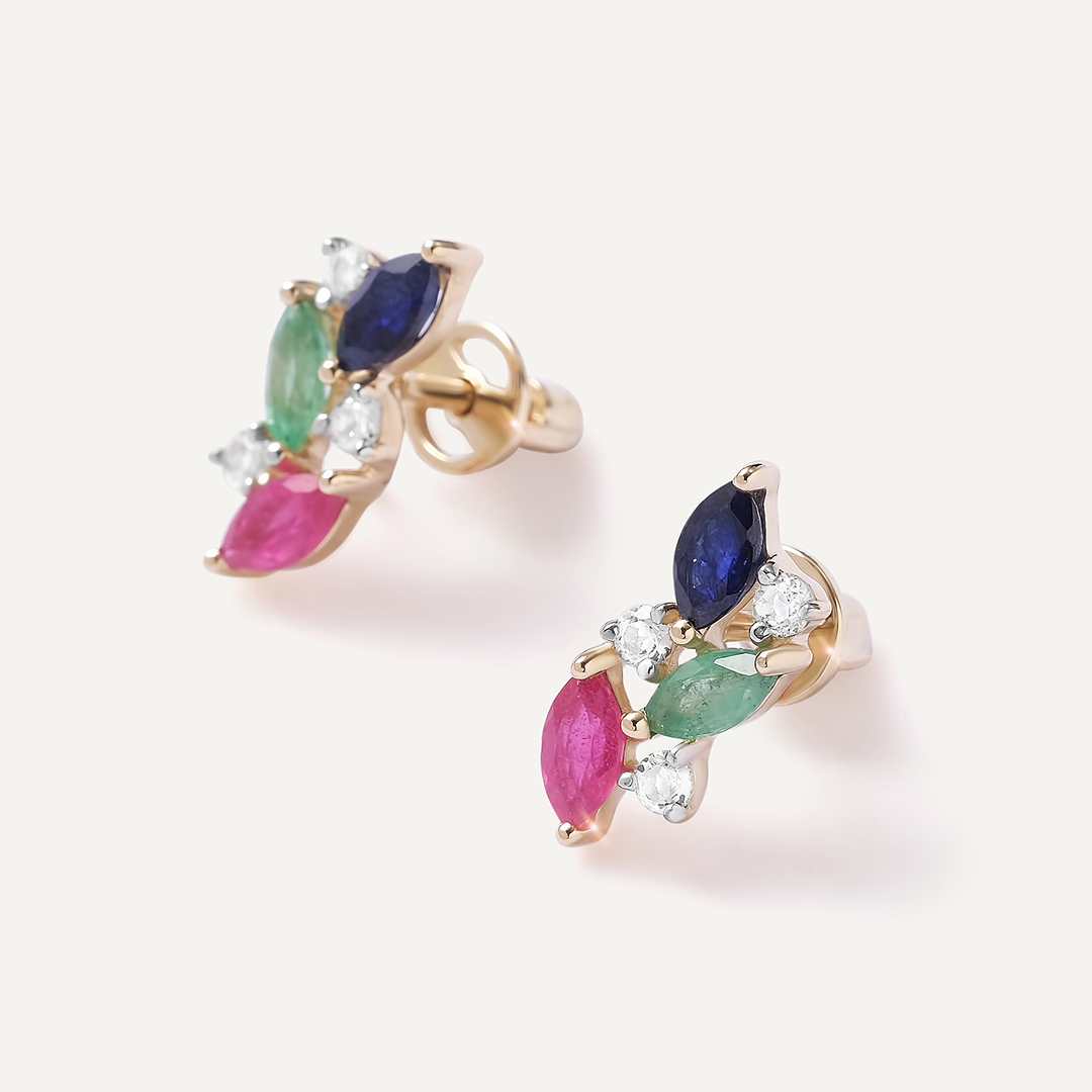 Серьги-пусеты из желтого золота с изумрудами, сапфирами и рубинами