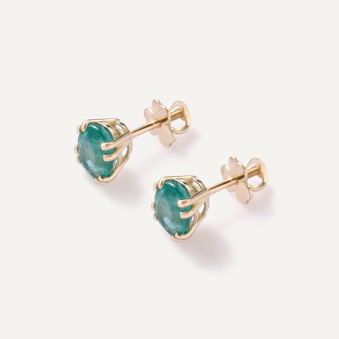 Серьги-пусеты из желтого золота с изумрудами