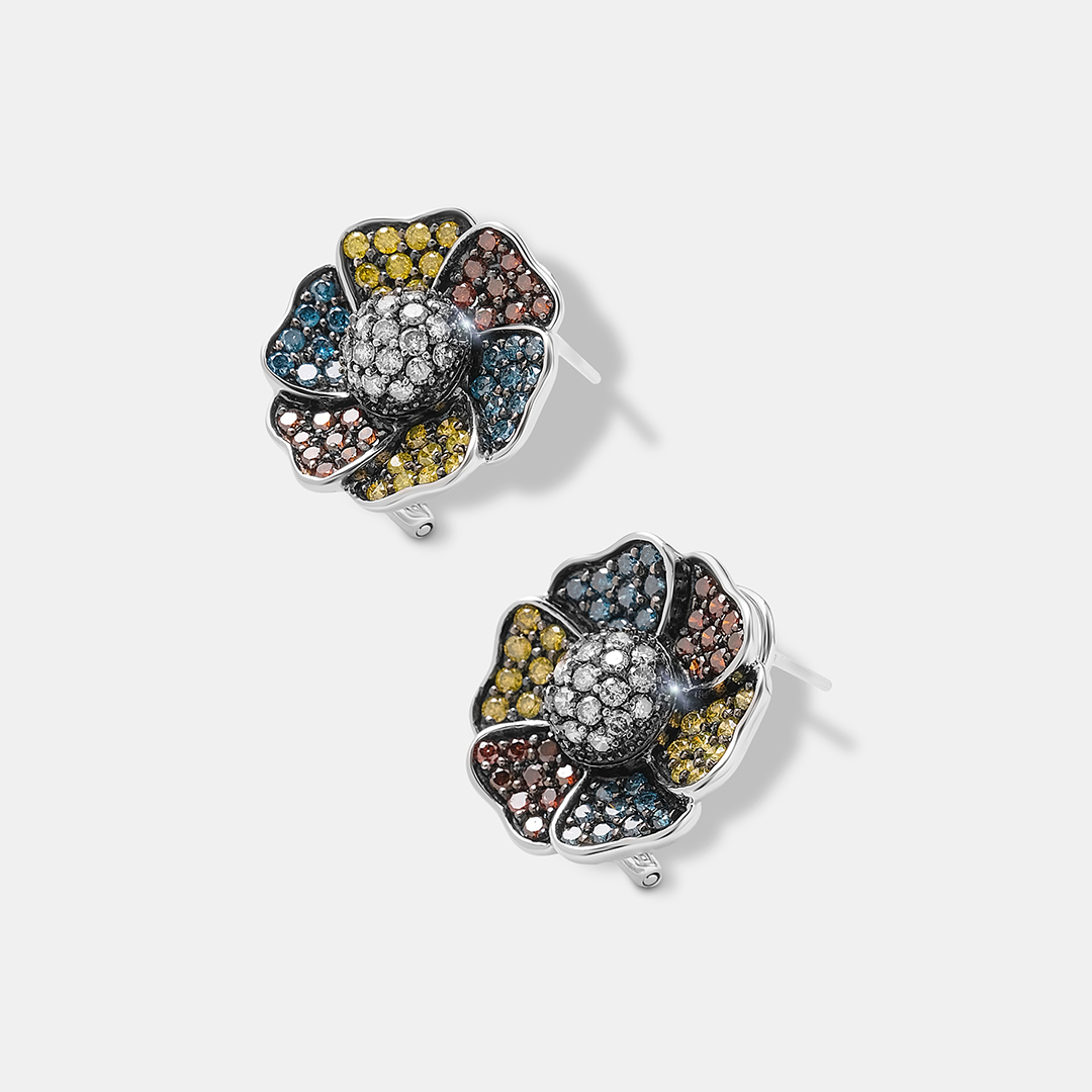 Серьги из белого золота с цветными бриллиантами "Цветы"