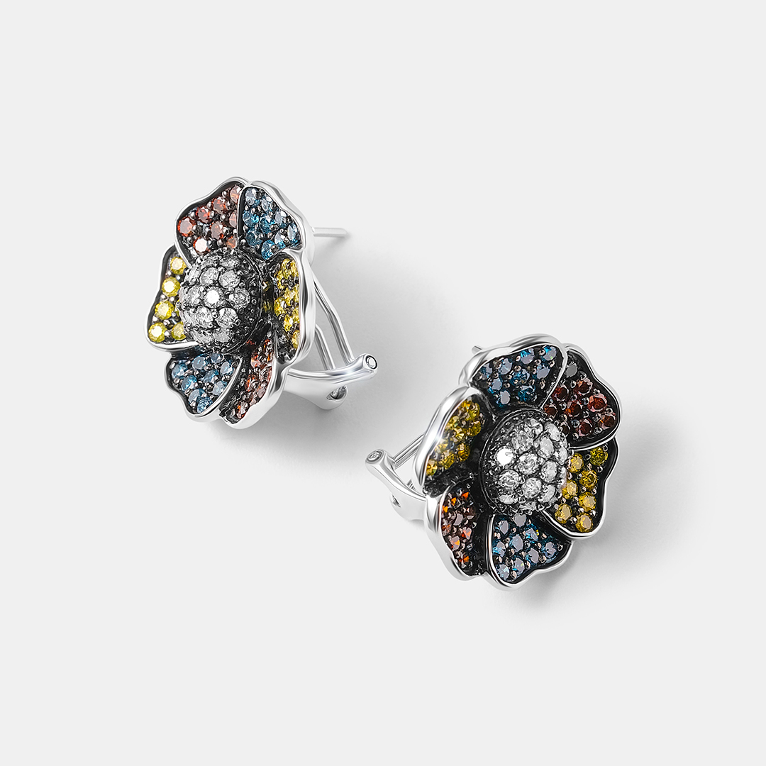 Серьги из белого золота с цветными бриллиантами "Цветы"