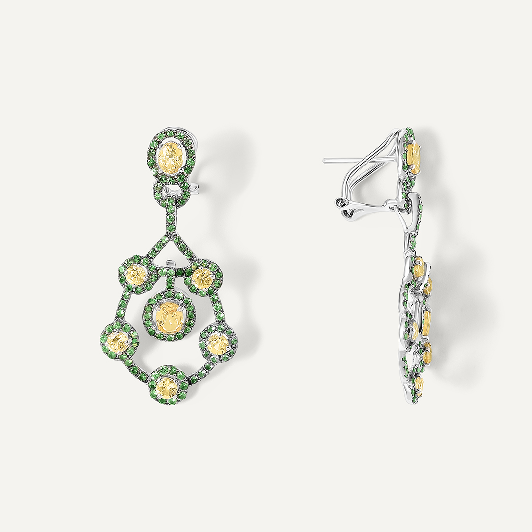 Серьги из белого золота с желтыми сапфирами и тсаворитами