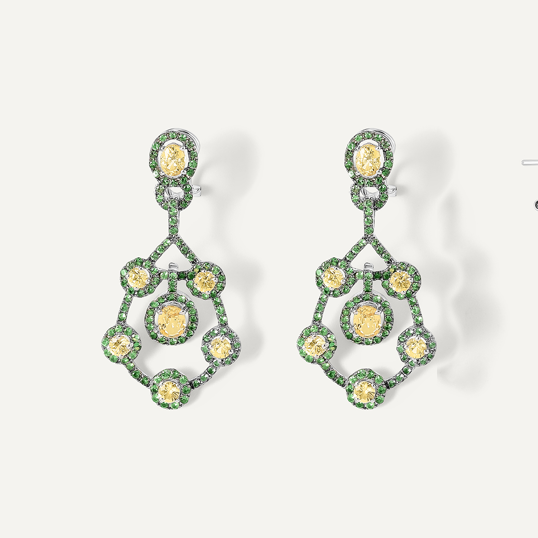 Серьги из белого золота с желтыми сапфирами и тсаворитами