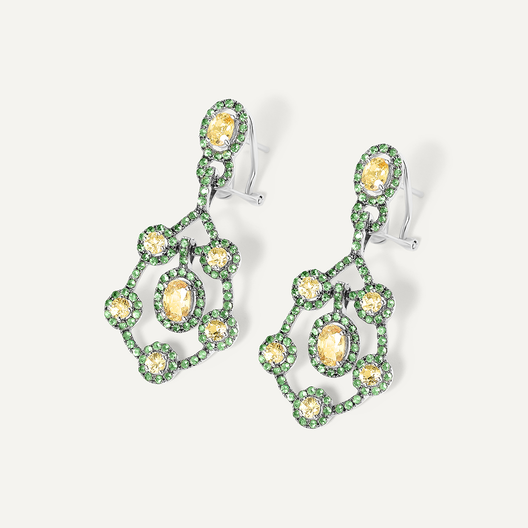 Серьги из белого золота с желтыми сапфирами и тсаворитами