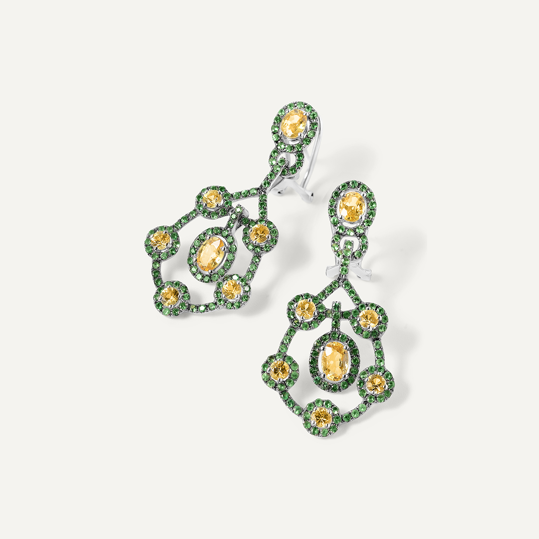 Серьги из белого золота с желтыми сапфирами и тсаворитами
