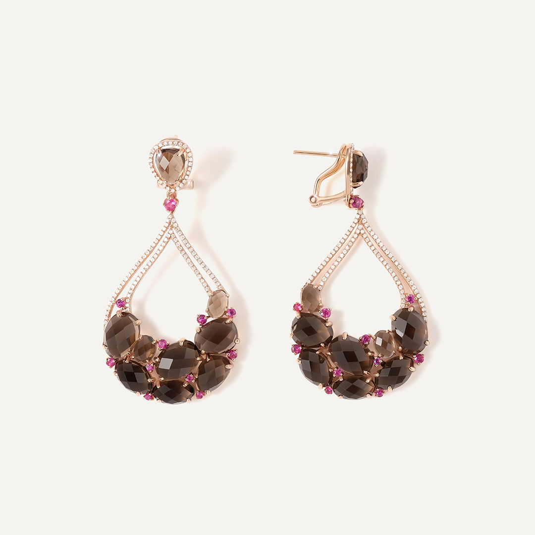 Серьги из золота с раухтопазами и рубинами