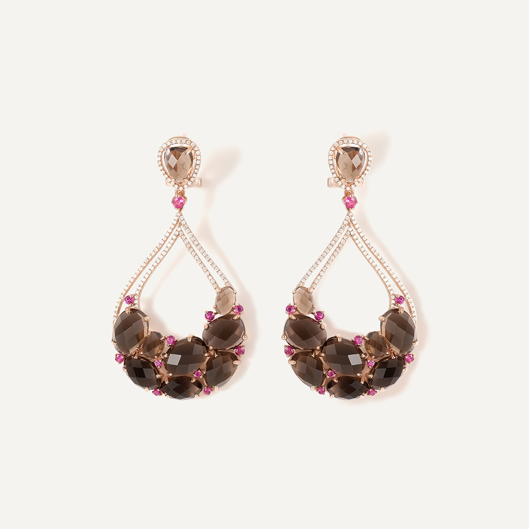 Серьги из золота с раухтопазами и рубинами