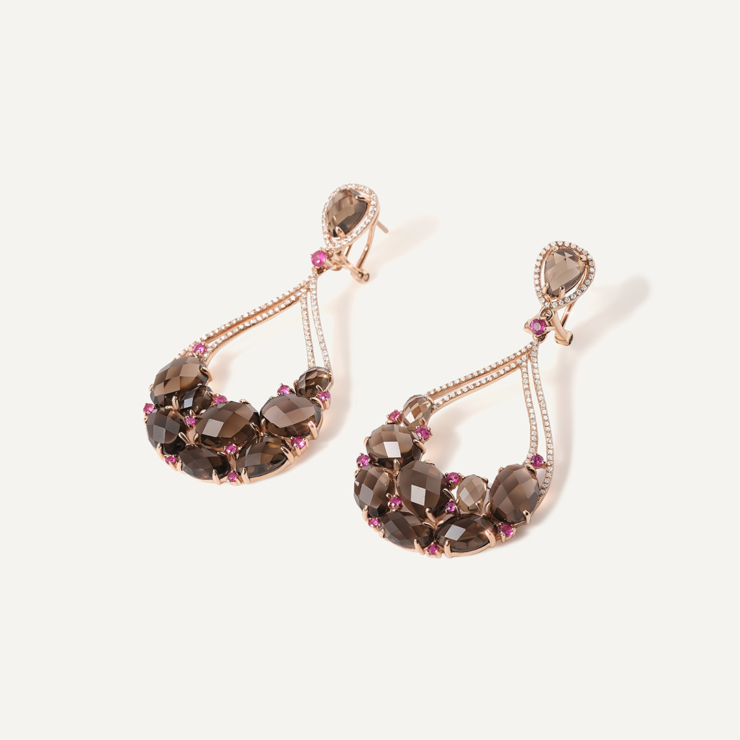 Серьги из золота с раухтопазами и рубинами