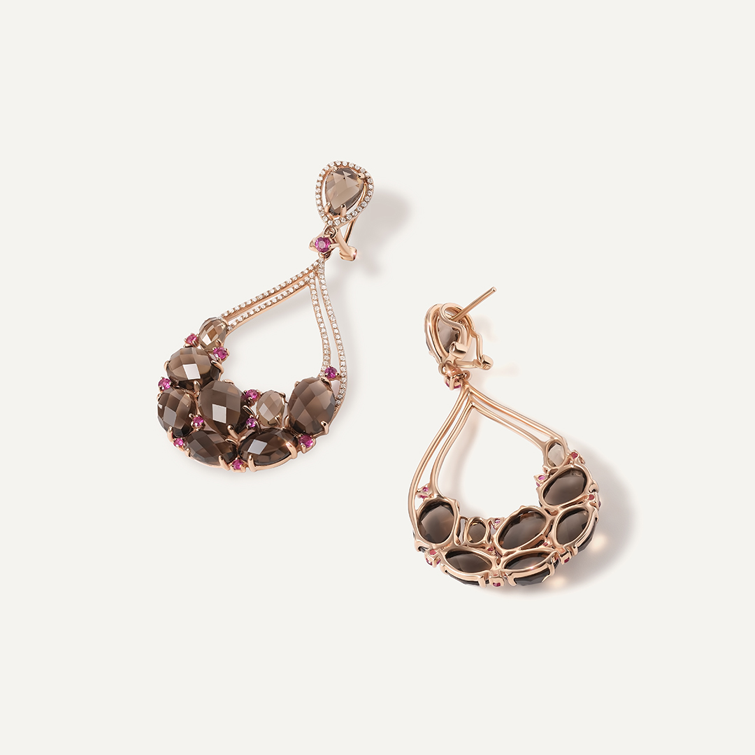 Серьги из золота с раухтопазами и рубинами