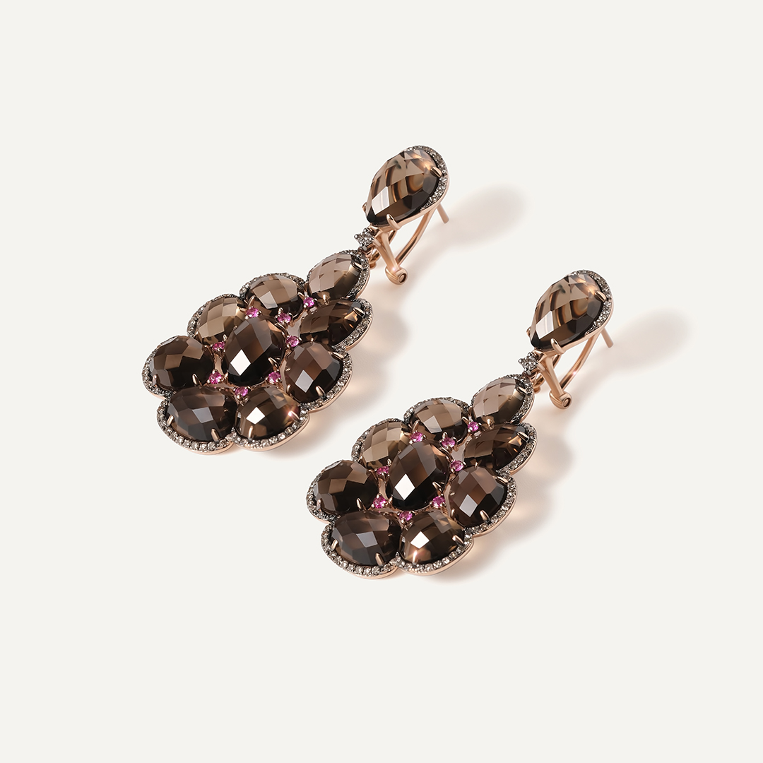 Серьги из золота с раухтопазами и розовыми сапфирами